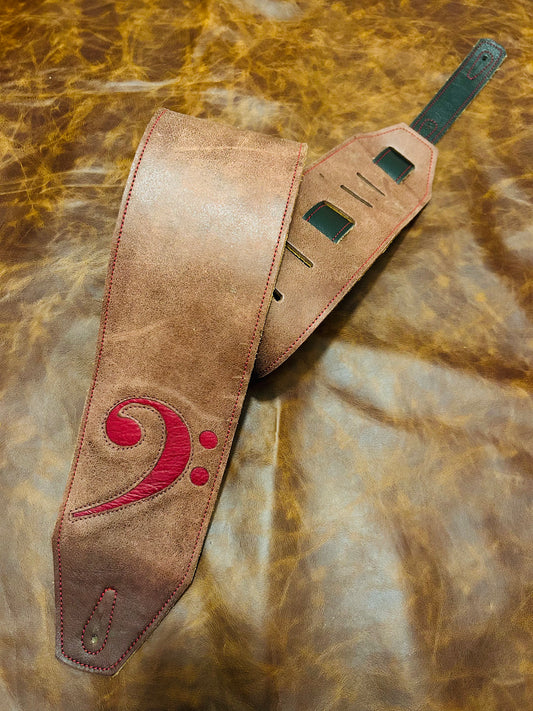 ! SALE ! LK Straps Brown Fade Leather Bass Strap With Red F Clef