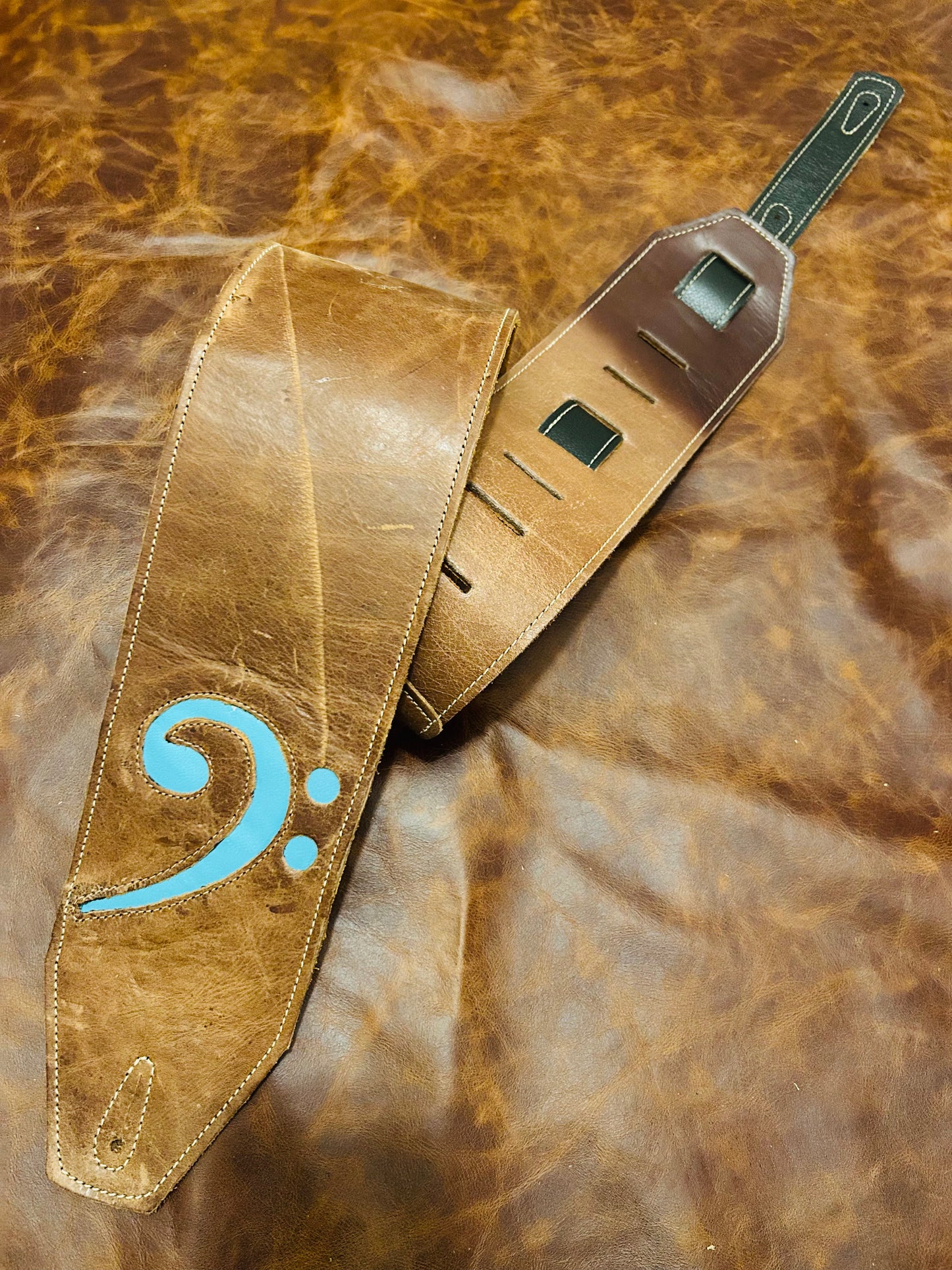 ! SALE ! LK Straps Light Distressed Brown Strap Leather Bass Strap Teal F Clef