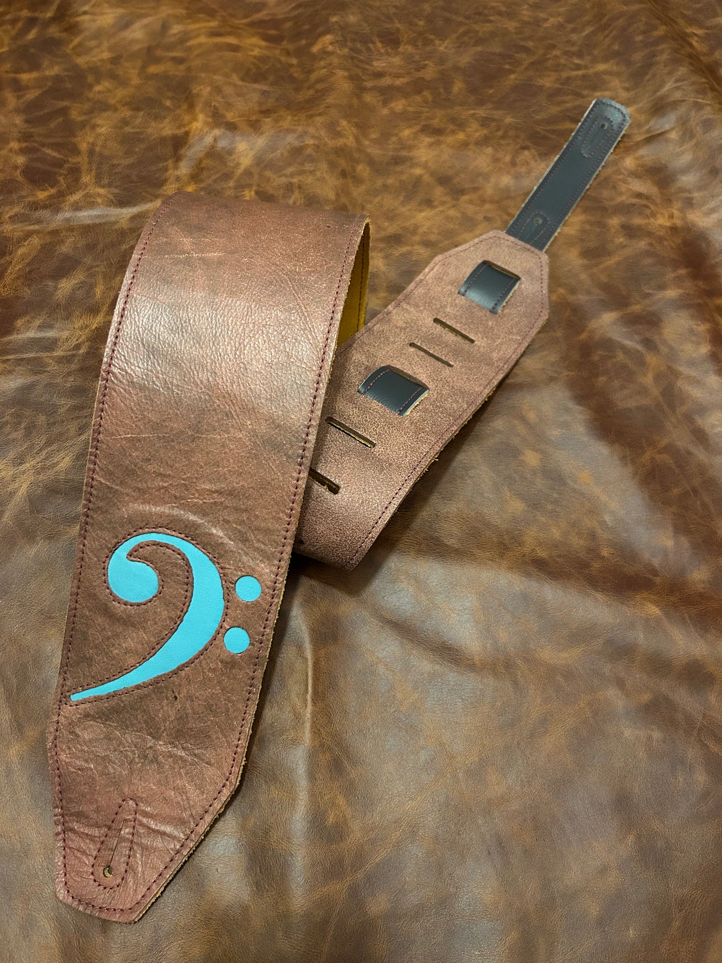 ! SALE ! LK Straps Brown Leather Bass Strap With Teal F Clef