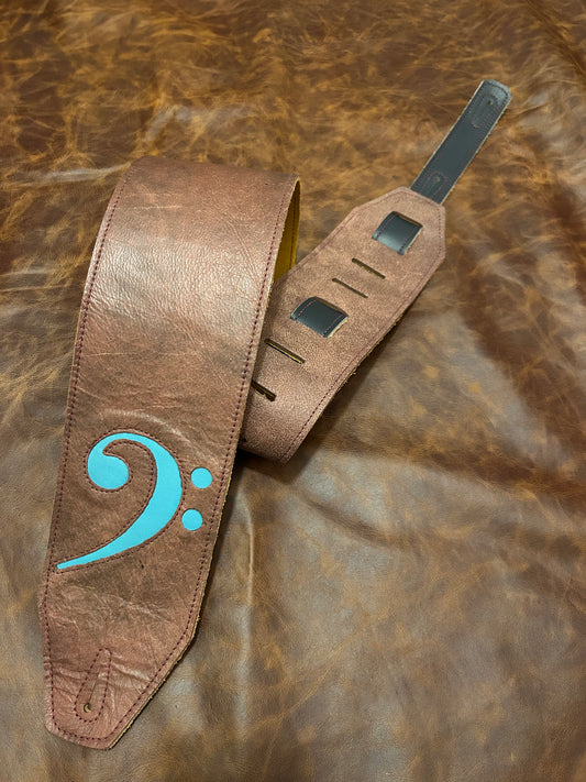 ! SALE ! LK Straps Brown Leather Bass Strap With Teal F Clef