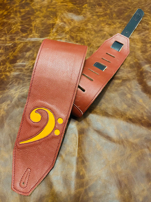 ! SALE ! LK Straps Brown Leather Bass Strap With Yellow F Clef