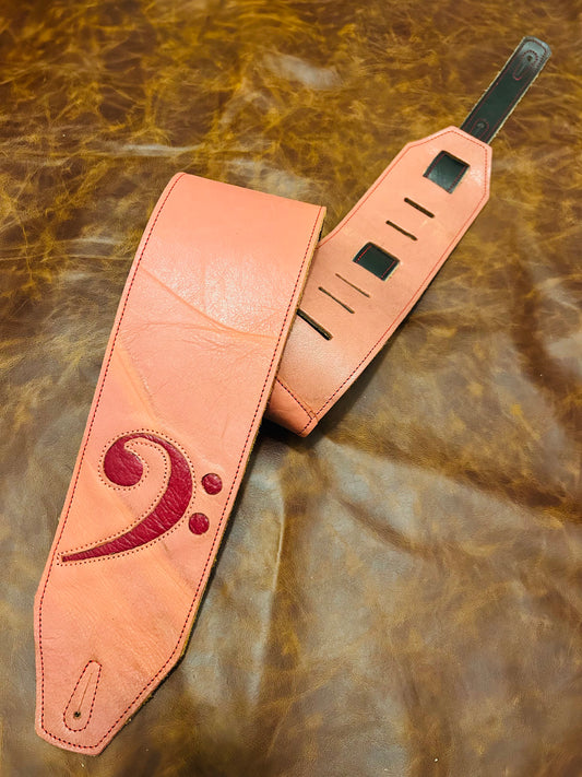 ! SALE ! LK Straps Light Distressed Pink Leather Bass Strap With Red F Clef