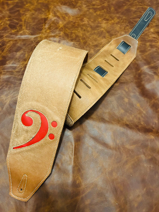 ! SALE ! LK Straps Light Distressed Brown Strap Leather Bass Strap Red F Clef