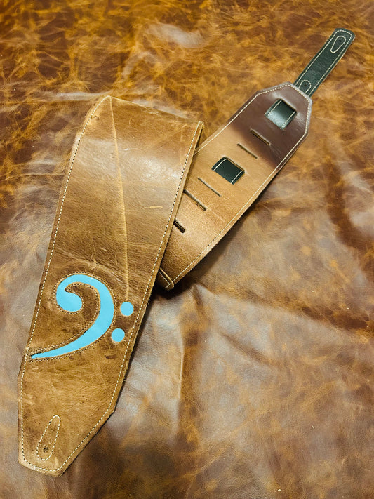 ! SALE ! LK Straps Light Distressed Brown Strap Leather Bass Strap Teal F Clef