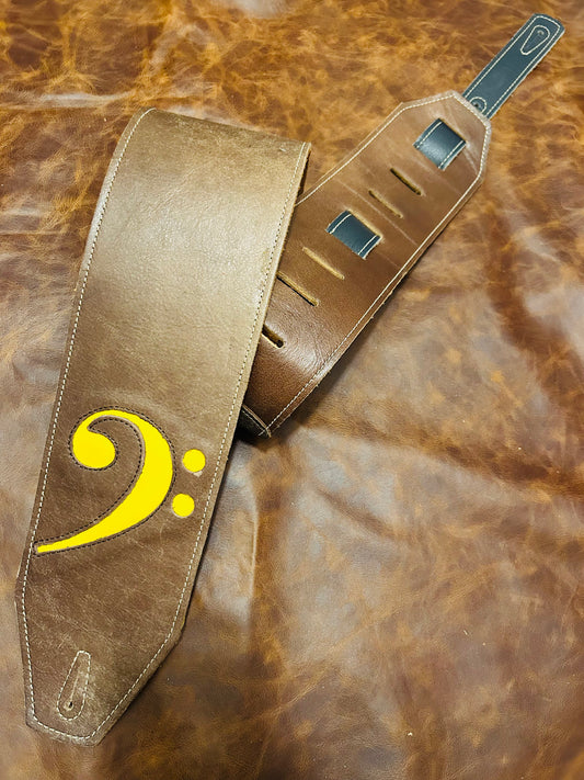 ! SALE ! LK Straps Light Distressed Brown Leather Bass Strap With Yellow F Clef