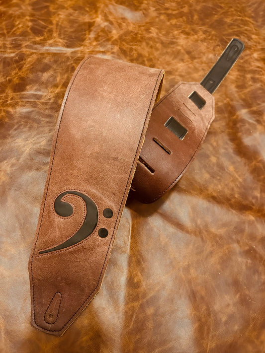 ! SALE ! LK Straps Light Distressed Brown Leather Bass Strap With Black F Clef