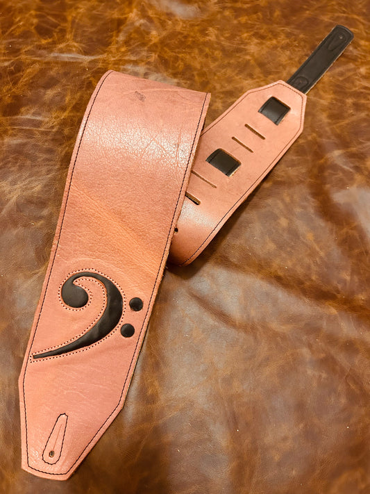 ! SALE ! LK Straps Light Distressed Pink Leather Bass Strap With Black F Clef