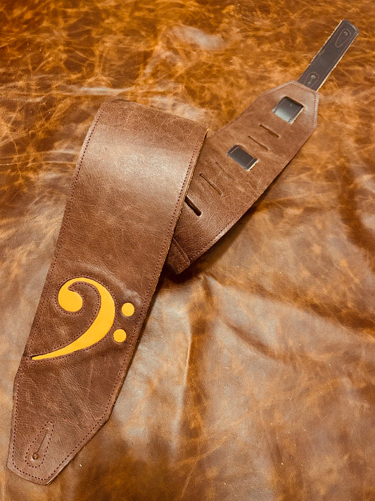 ! SALE ! LK Straps Light Distressed Dark Red Leather Bass Strap With Yellow F Clef