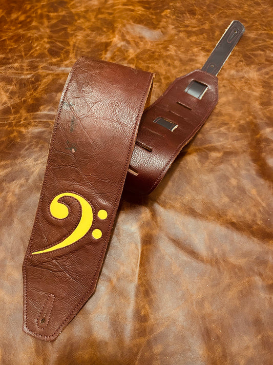 ! SALE ! LK Straps Light Distressed Dark Brown Leather Bass Strap With Yellow F Clef