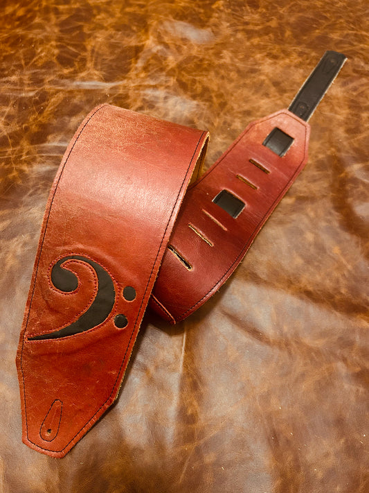 ! SALE ! LK Straps Light Distressed Dark Red Leather Bass Strap With Black F Clef